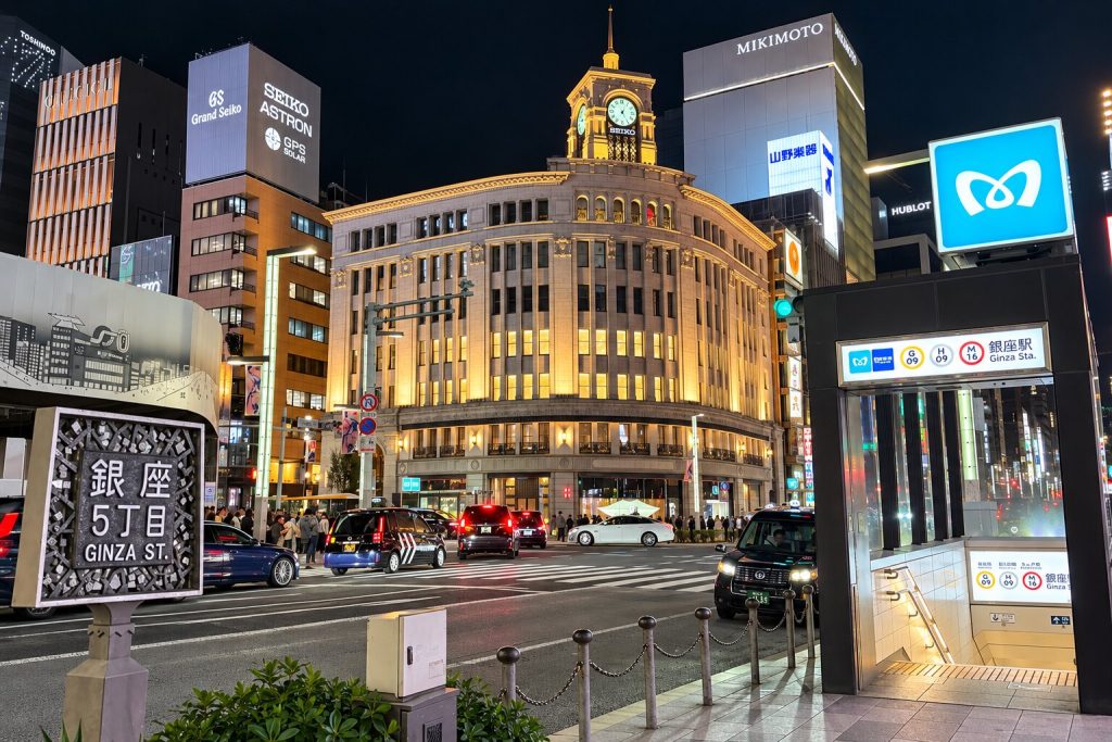 Ginza business district at night in Tokyo, Japan