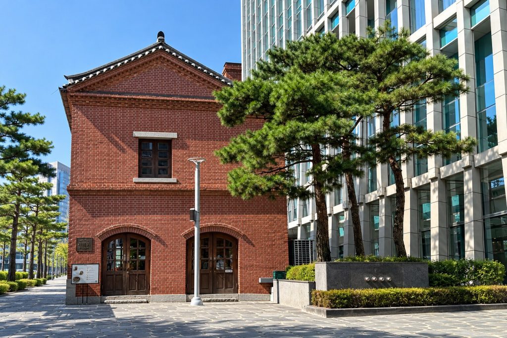 Historic brick building beside a modern office tower in Seoul, South Korea
